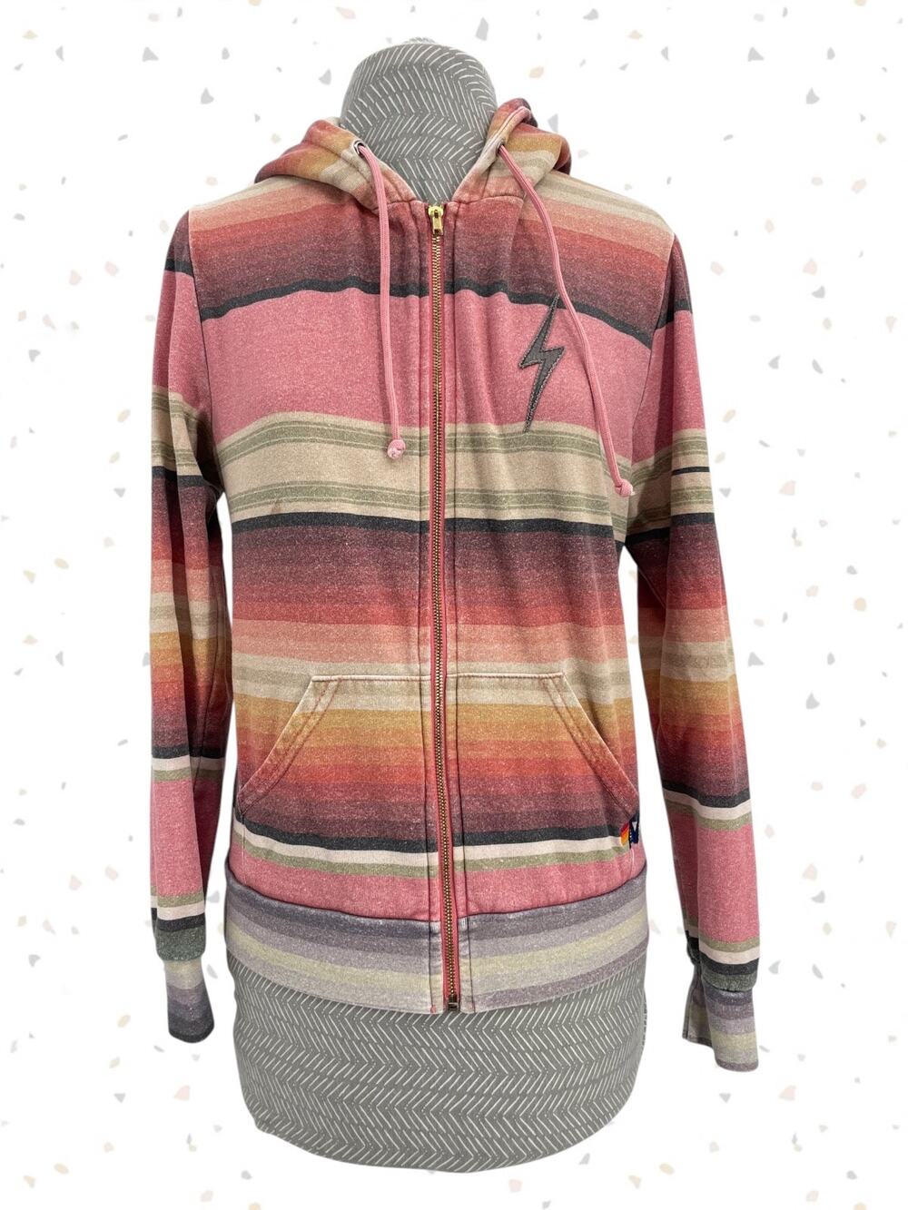 Aviator Nation Serape Striped Full Zip Up Hoodie Pink Sunset Sweatshirt Size S